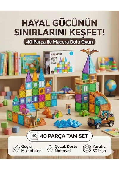 Manyetik Yapı Blokları Çocuklar İçin 3 Boyutlu Renkli Mıknatıslı 40 Parça Manyetik Blok Oyun Set