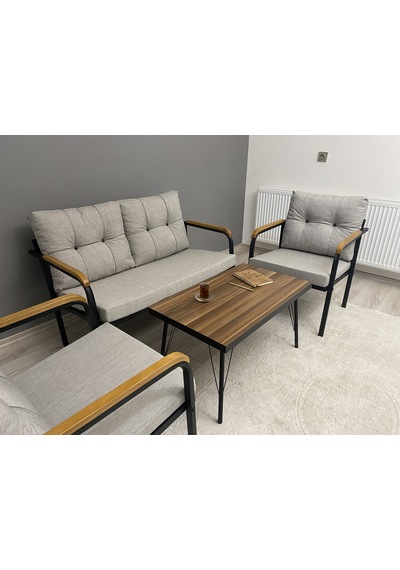 Modern Güneş Balkon, Bahçe, Cafe - Metal Kanepe Koltuk Takımı - 2+1+1 + Sehpa Açık Gri Modernsh27 Açık Gri