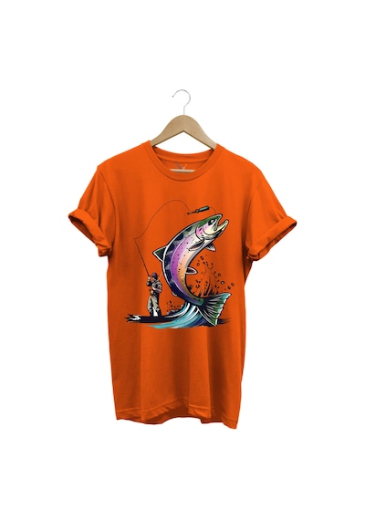Balık Avı Baskılı Fishing Olta İle Balık Tutmak Turna Levrek Balığı Regular Fit %100 Pamuk Tişört Turuncu