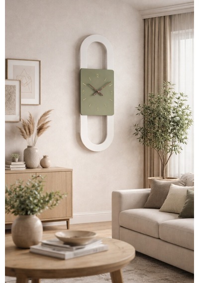 Berlin Ahşap Salon Duvar Saati Pilli Ledsiz Quartz Ultra Sessiz Mekanizma 28 Cm X 85 Cm Haki