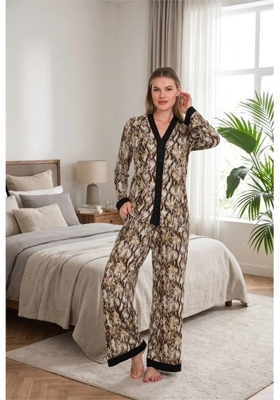 Go İthalat Şık Tasarım Viskon Yılan Desenli Önden Düğmeli Uzun Kollu Kadın Pijama Takımı Çok Renkli