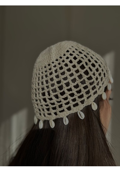 Kadın El Örgüsü Üçgen Bandana Saç Aksesuarı Bej
