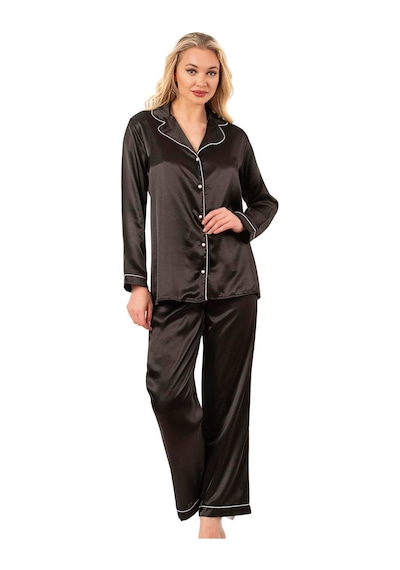 Ahu Biyeli Uzun Kol Saten Önden Düğmeli Pijama Takımı Siyah 7647 Siyah