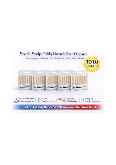 Steril Strip Dikiş Bandı 6 X 101 Mm Yara Kapatma Bandı Cilt Sabitleyici Strip 10lu 5 Paket