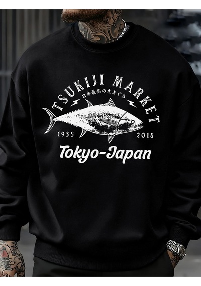 Startmore Startmoretsukiji Market Tokyo-japonya Baskı Kazak Erkek Modası Rahat Kazaklar Sonbahar Günlük Spor Giy Siyah