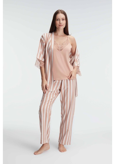 Man5821-1008 Anıl Ev Giyim Man5821 Anıl 5821 İp Askılı V Yaka Kadın Viskon Çizgili Desenli Yazlık Örme Pijama Takımı Sabahlık Kahve