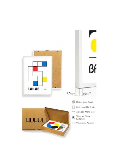 Beyaz Ahşap Çerçeveli 3'lü Bauhaus Tablo Huhu525