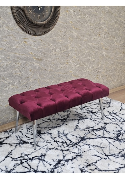 Zafir Krom Kaplama Sivriltme Ayaklı 90 Cm Puf Bench - Puf - Bench - Kasalı Oturak - Oturak - Yatak Ucu Puf Bordo