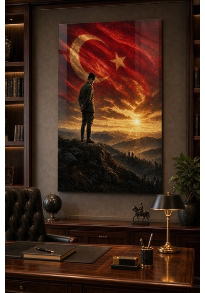 Atatürk Ve Türk Bayrağı Baskılı Cam Tablo Uv Baskı Milli Dekoratif Duvar Tablosu