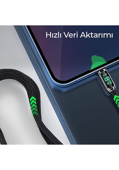 Woyax by Deji Dijital Göstergeli 1.2M PD 100W Type-C to Type-C Örgülü Hızlı Şarj ve Data Kablosu – Siyah