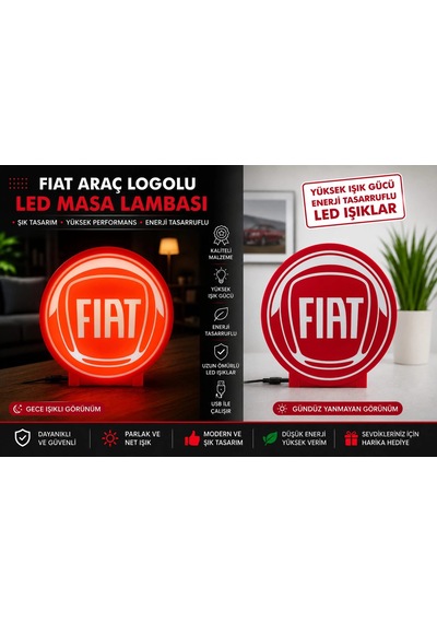Fiat Masa Lambası , Fiat Logolu Led Işıklı Masa Lambası , Fiat Gündüz Gece Masa Lambası Siyah