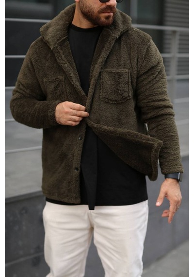 Sr Tekstil Pelüş Ceket Unisex Normal Kalıp Cep Detaylı Koyu Haki