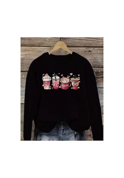 Herkesemoda Baskılıı Bisiklet Yaka İçi Polarlı Sweatshirt Siyah