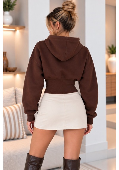 Lima Kahve Kadın Kapüşonlu Fermuarlı Crop Sweatshirt Beli Korse Detaylı Uzun Kollu Oversize Sweat Lima Kahve Kadın Kapüşonlu Fermuarlı Crop Sweatshirt Beli Korse Detaylı Uzun Kollu Oversize Sweat