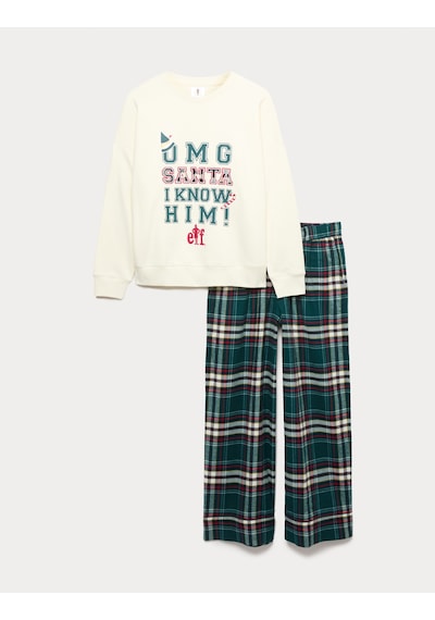 Marks & Spencer Pamuk Karışımlı Elf Sloganlı Pijama Takımı T37002227J Krem Mix