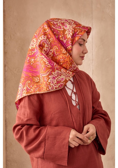 Silk Home Twill İpek Eşarp 11473-23 Tarçın, Magenta, Bej, Parlak Turuncu