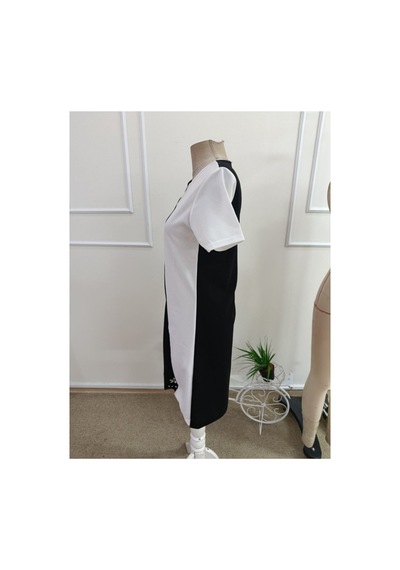 Butik İstanbul Kadın Kısa Kollu V Yakalı Çift Renklç Kısa Lazer Kesim Çiçek Detaylı Ithal Krep Elbise Siyah