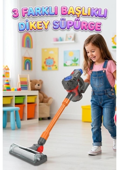 İlk Dikey Süpürgem Gerçekci Vakum Yapan Pilli Sesli 3 Farklı Başlıklı 70cm Oyuncak Dikey Süpürge 1