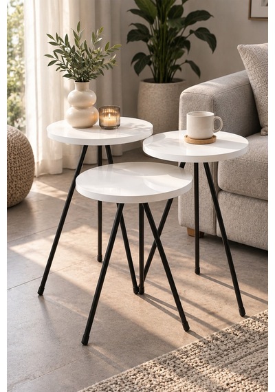 Sulorahome 3'lü Beyaz Zigon Sehpa Takımı Siyah Metal Ayaklı