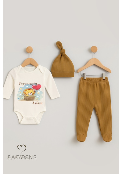Babyden's Teyzesinin Aslanı 3 Lü Bebek Takımı %100 Pamuk Fitilli Kumaş Uzun Kollu Zıbın, Patikli Alt, Bere Set Açık Kahverengi