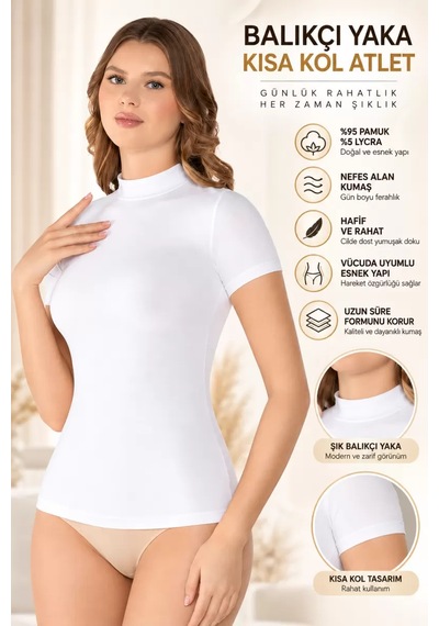 N11 Kadın Balıkçı Yaka Kısa Kol Atlet Beyaz, Esnek Kumaş, Vücuda Oturan Basic Body - Ryl - 2611