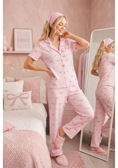 Pembe Kurdele Desenli Bürümçük Kumaş Kısa Kollu Pijama Takımı 6064