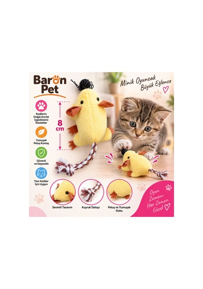 Baron Pet Kedi Oyuncağı Peluş Civciv 8 Cm Örgü Halat Kuyruklu Ponponlu Oyun Arkadaşı
