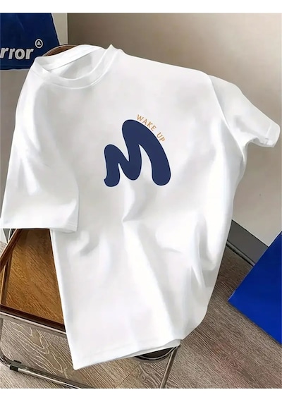 Unisex Pamuklu Wake Up Ön Baskılı Tasarım Tshirt Beyaz