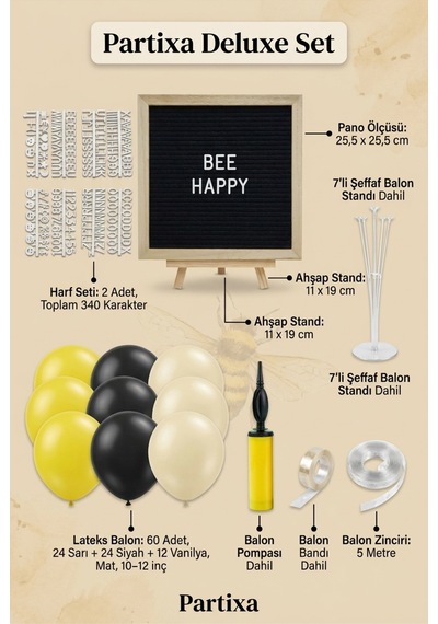 Bal Arısı Temalı Doğum Günü Süsleme Deluxe Set Siyah Keçe Yazı Panosu Standlı Balon Zincirli 7li Şeffaf Balon Standlı 1 Yaş Seti