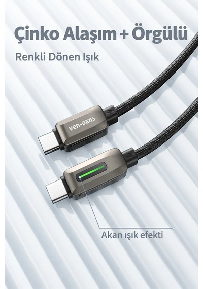 Ven-dens Dc14cc 100 W Pd Type-c To Type-c Hızlı Şarj Ve Veri Kablosu, 1 Metre, Örgü Kaplama, Siyah