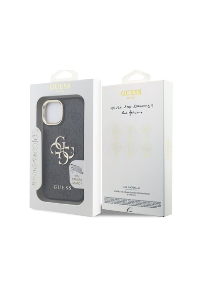 Apple Uyumlu iPhone 15 Kılıf Guess Lisanslı Metal 4g Ve Yazı Logolu Kamera Standlı Kapak Siyah