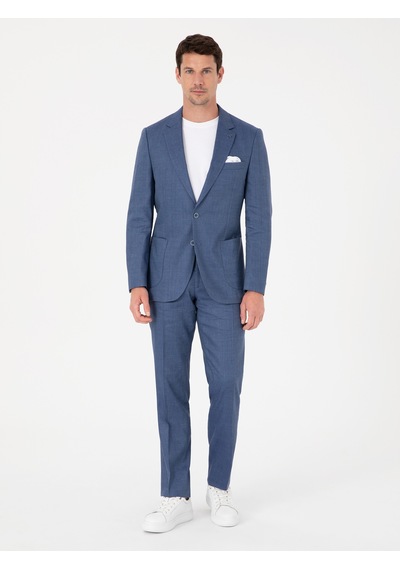 Cacharel İndigo Slim Fit Keten Yün Karışımlı Mikro Desen Mono Yaka Takım Elbise Mavi