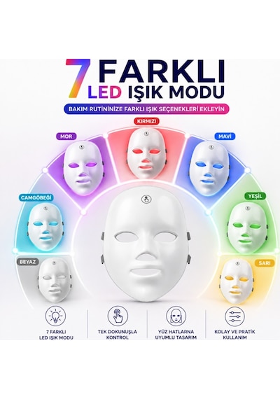 Polham 7 Renk Led Işık Teknolojili Yüz Bakım Maskesi Dokunmatik Kontrollü Evde Cilt Bakım Cihazı