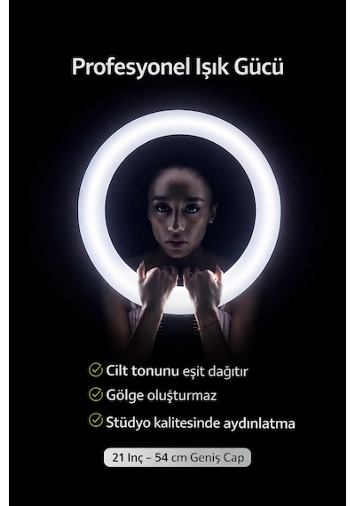 Ring Light Led Işık Halkası 21 Inç 54 Cm Profesyonel Stüdyo Işığı Ve 210 Cm Döküm Ayak Kumanda Çanta Siyah