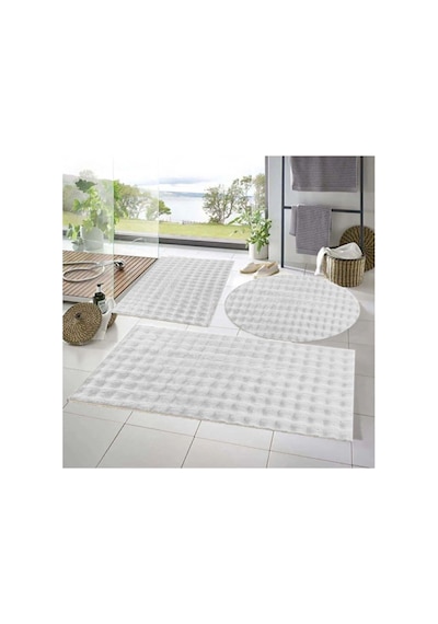 Raschel Carpet Balat Halı 3'lü Kaymaz Taban Bubble Peluş Banyo Paspası Beyaz 50x50 Yuvarlak -50x50 Ve 50x70 Beyaz