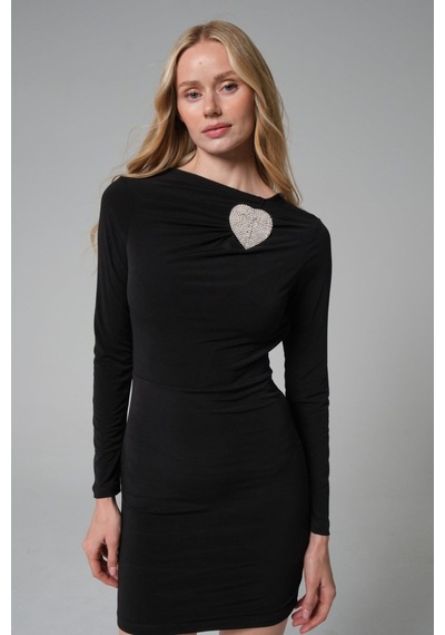 Mayrem Slim Fit Kalıp Taşlı Esnek Kadın Kısa Elbise SIYAH