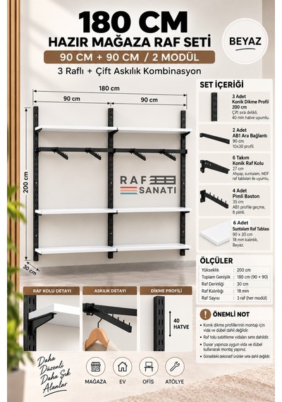180 Cm Duvar Raf Askılık Sistemi 6 Raflı 2 Modül 200 Cm Konik Dikme Hazır Set Beyaz