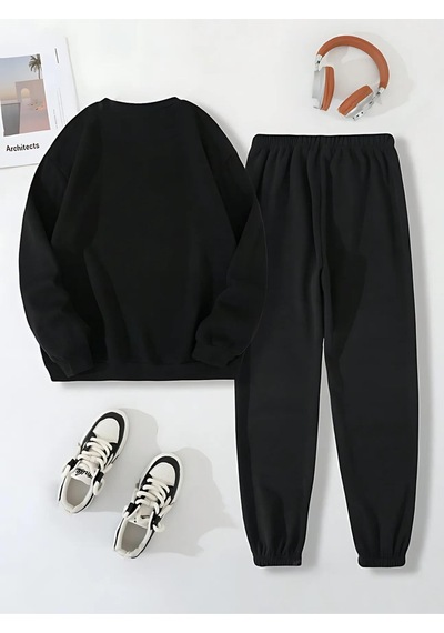 Düz Kalın Kışlık Eşofman Takımı - Siyah Sweatshirt Jogger Oversize Sıfır Yaka Siyah