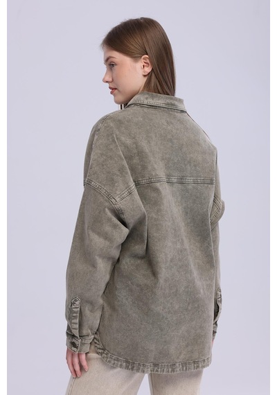 Selectmoda Kadın Çift Cepli Çıtçıt Kapamalı Oversize Kot Gömlek haki