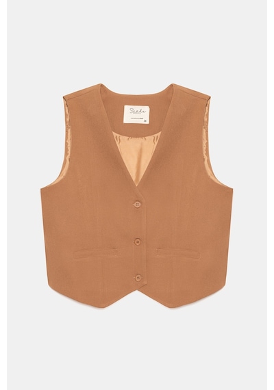 Saade Sââde Kadın V Yaka Düğmeli Klasik Dokuma Blazer Yelek Camel
