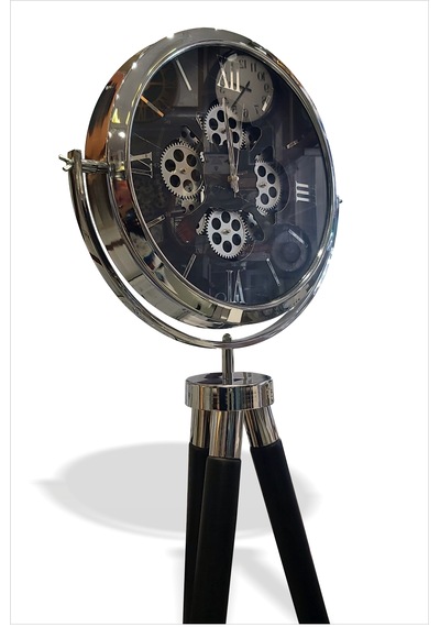 Tripod Tripot 3 Ayaklı Saat Dışarıdan Görünen Gerçek Döner Çarklı Krom Çerçeveli Camlı Yer İstasyon Vitrin Köşe Salon Koridor Eşsiz Hediyelik Masa Duvar Yer Saati