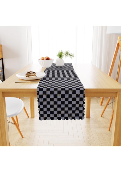 Dama Desenli Alevli Siyah Beyaz Dijital Baskılı Petek Dokuma Runner 40x140
