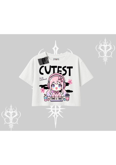 Startmore Startmore Oversize Crop Tshirt Cute Anime Gamer Girl Baskılı Beyaz