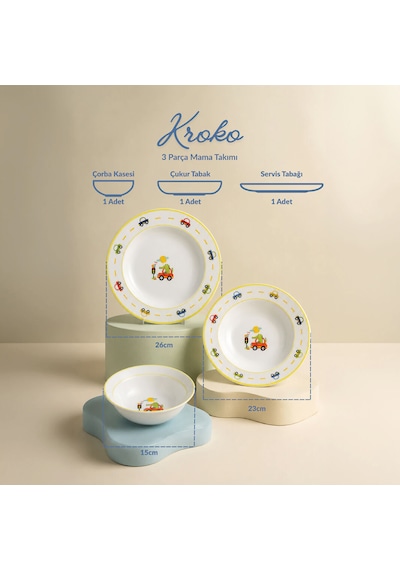 Fecra Kroko 3 Parça Porselen Mama Takımı Beyaz - Sarı