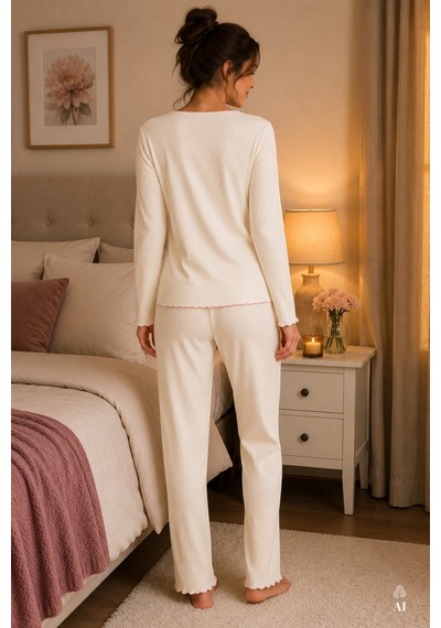 Koza İç Giyim Kadın Soft Touch Fitilli Kalp Detaylı Uzun Kollu Pijama Takımı Kk70640 Ekru