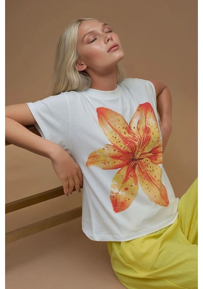 Hiccup Baskı Detaylı Regular Fit Bisiklet Yakalı %100 Pamuklu T-shirt Soluk Turuncu