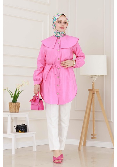 Sevitli Beli Bağcık Detaylı Geniş Yaka Tunik-pembe-4993 Pembe