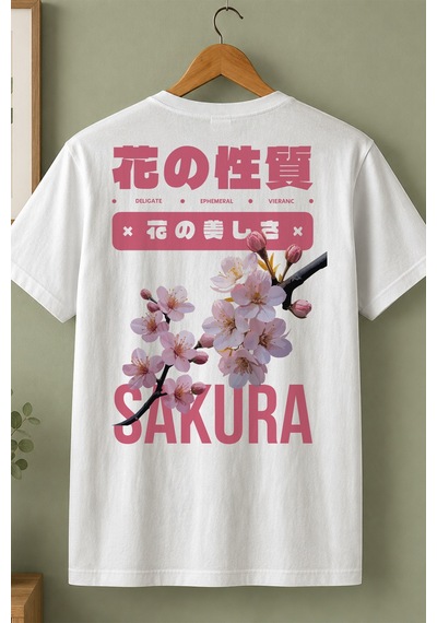 Spoyi Sakura Bloom Tasarımlı %100 Pamuk Yarım Oversize Beyaz T-shirt