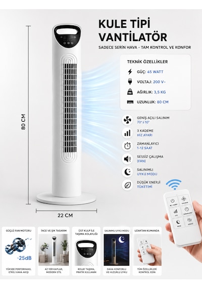 45w Kule Tipi Fan 45 İnç Uzaktan Kumandalı Dijital Ekranlı Zaman Ayarlı Sessiz Vantilatör