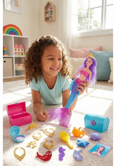 Sasha Deniz Kızı Oyuncak Bebek - Aksesuarlı, Taraklı, Hazine Sandıklı Büyük Set 40 Cm Mor